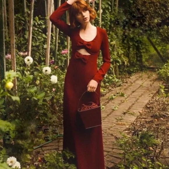 STAUD Lido Dress in Garnet, Long sleeve Maxi with Bows, size 0, NWT - Picture 2 of 6